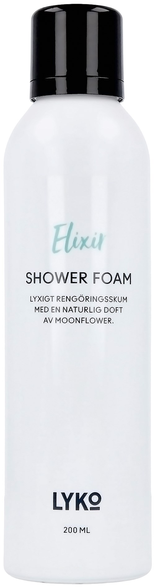 En vit flaska med duschskum med svart lock, märkt "Elixir" och "LYKO," 200 ml.