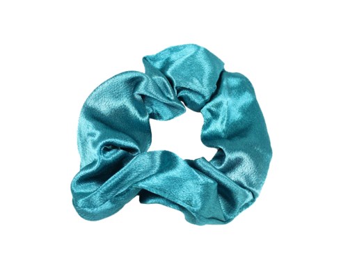 En skinnende, blå satinscrunchie i en sirkel.