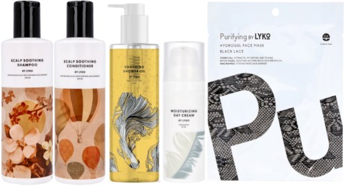 Samling med hårpleieprodukter som sjampo, balsam, hårkur, spray, fuktighetsgivende krem og ansiktsmaske.
