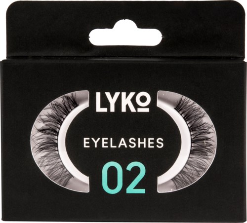 Verpackung für Lyko-Marke Wimpern mit schwarzem und weißem Design und türkisfarbener Nummer 02.