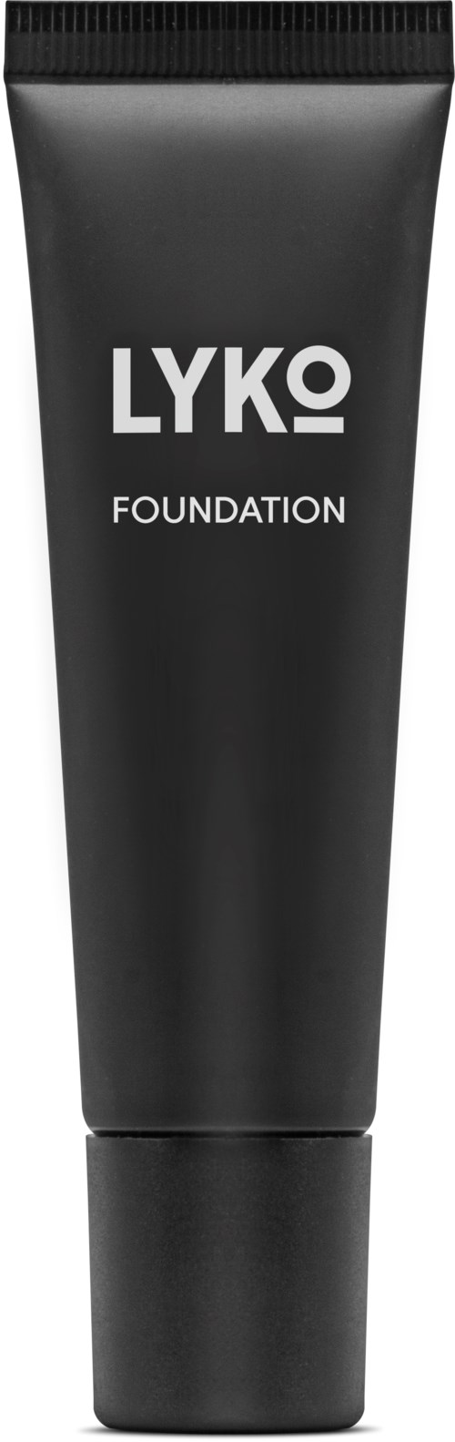 En svart tub med LYKO-foundation med vitt text, enkel och elegant design.