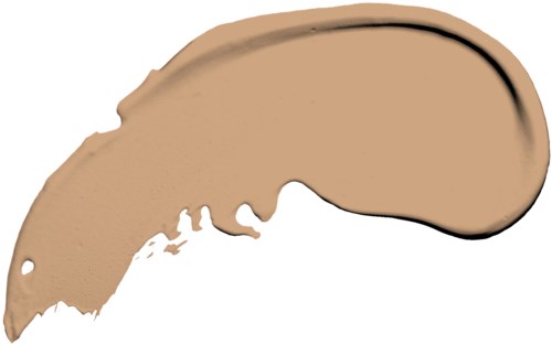 Beige meikkivoidealueen pyyhkäisy kaarevassa muodossa ja sileällä tekstuurilla valkoisella taustalla.