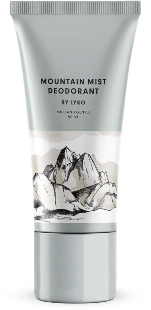 En sølvfarget dose deodorant med fjellillustrasjon og tekst: 'Mountain Mist Deodorant by Lyko, mild og skånsom, 50 ml.'