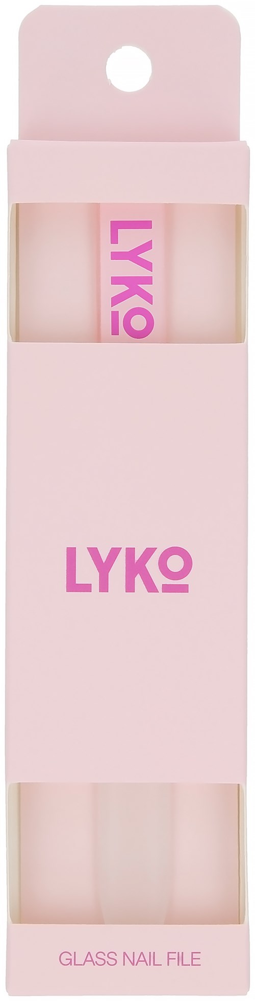 En lyserød æske med en glasnegelfil med mærket LYKO.