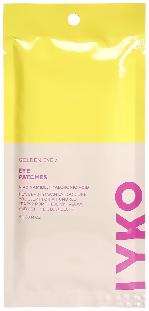 En gul og hvit pakke med øyepads, rosa tekst og en liten rosa sirkel logo.
