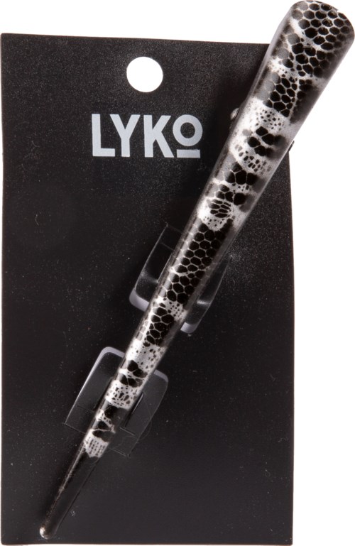 En svart kort med 'LYKO'-logga och en tydlig pipett med svarta fläckar på.