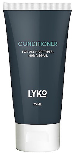 En mørk blå tube med tekst 'Balsam' for hår, vegan, 75 ml, merke LYKO.