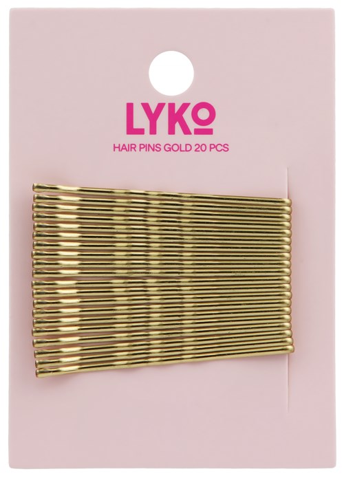 Een verpakking met 20 gouden haarspelden met een roze achterkaart en merknaam LYKO.