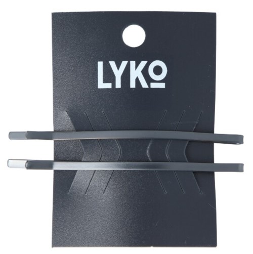 Två svarta hårspännen på en svart kort med vitt LYKO-logo.