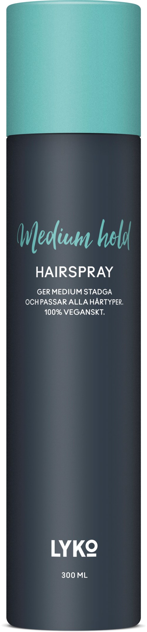 En lang, mørk sprayflaske med en lys blå lokk. Den har teksten "Medium hold" og "Hairspray" på etiketten.