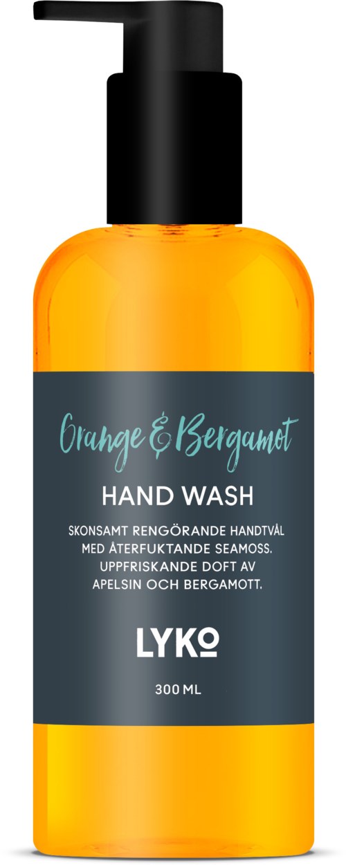 En ljusgul handtvättflaska med svart pump, märkt 'Orange & Bergamot'.