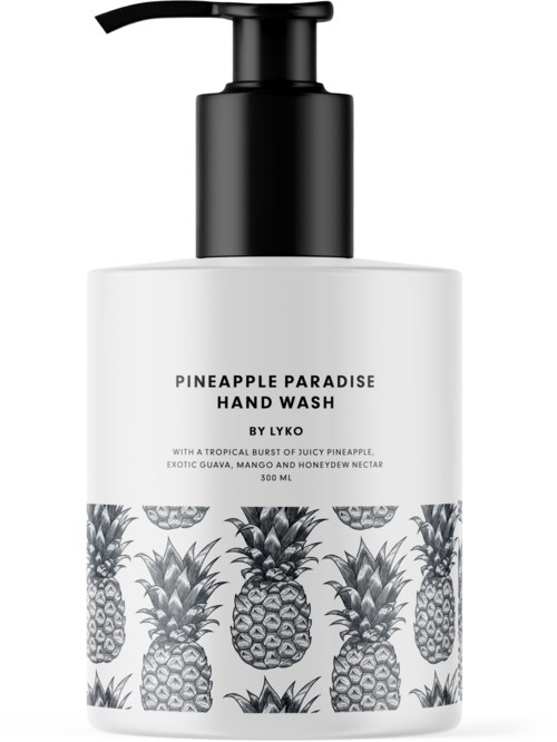 En vit handtvål för handtvätt med svart pump och ananasdesign längst ner.