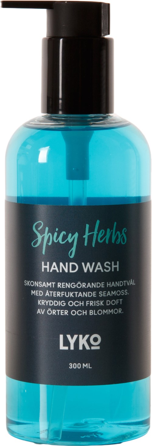En blå handtvålflaska med svart pump och etikett som säger "Spicy Herbs Hand Wash".