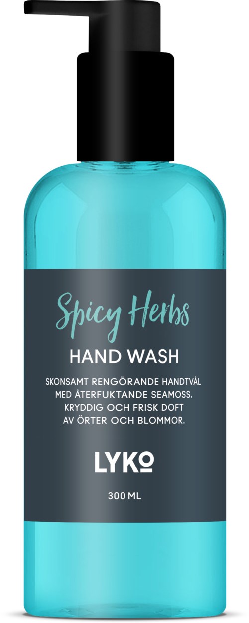 Blå handtvålflaska med svart pump, märkt "Spicy Herbs," innehåller 300 ml för friska, doftande händer.