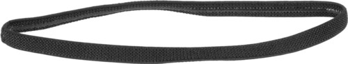 Ett svart, flexibelt band, troligen av gummi eller plast, ligger plant på enfärgad bakgrund.