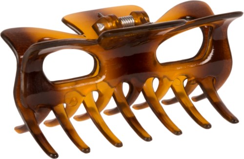 A small brown hair clip with curved teeth and a spring mechanism.