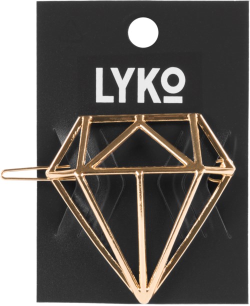 Ett guldfärgat smyckesnåljliknande som en diamant på en svart displaykort med varumärket LYKO.