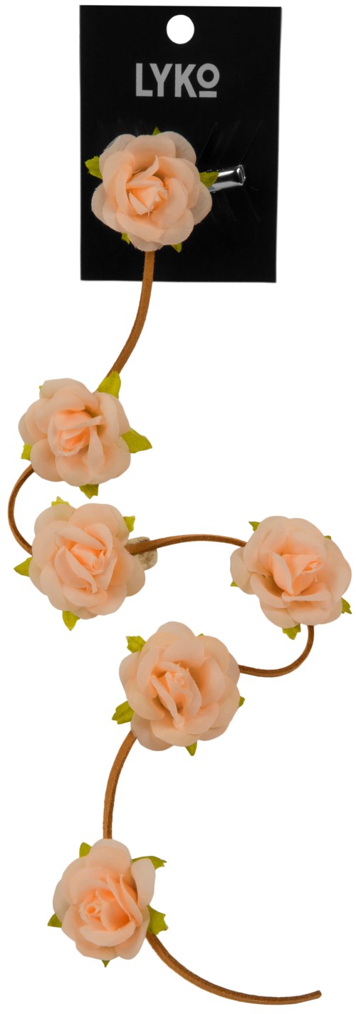 Ett blomsterhårband med ljusrosa blommor och gröna blad på ett brunt elastiskt band.