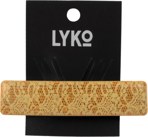 En guldfärgad hårklämma med blommönster, förpackad i en svart ask med LYKO på.