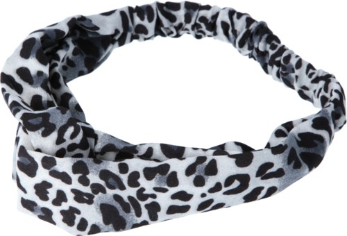 En tyghuvudband med svart och vitt leopardmönster, snurrad till en loop.