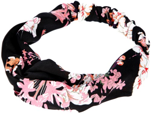 En svart tyghårband med rosa och vita blommönster, formad i en twists form.