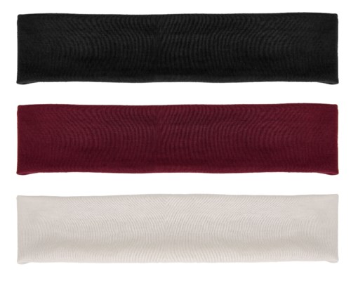 Three fabric headbands in black, red, and white are lined up horizontally.