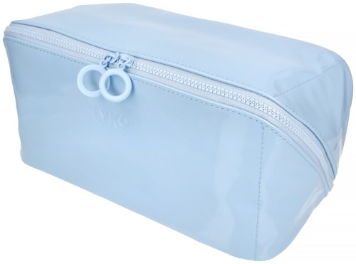 En lyseblå, myk, rektangulær bag som har en glidelås og to runde glidelåshåndtak.