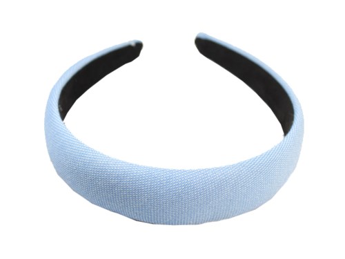 A light blue fabric headband with a black interior, curved shape, plain design, and no additional decorations.