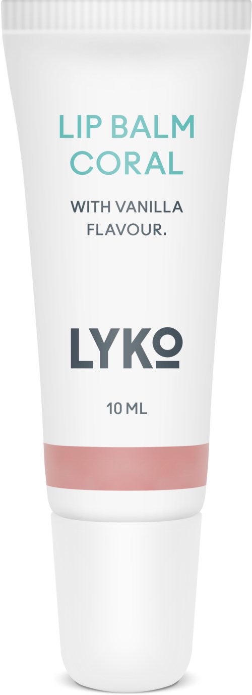 Läppbalsamtub märkt 'Coral' med vaniljsmak, 10 ml. Enkel vit och rosa design.