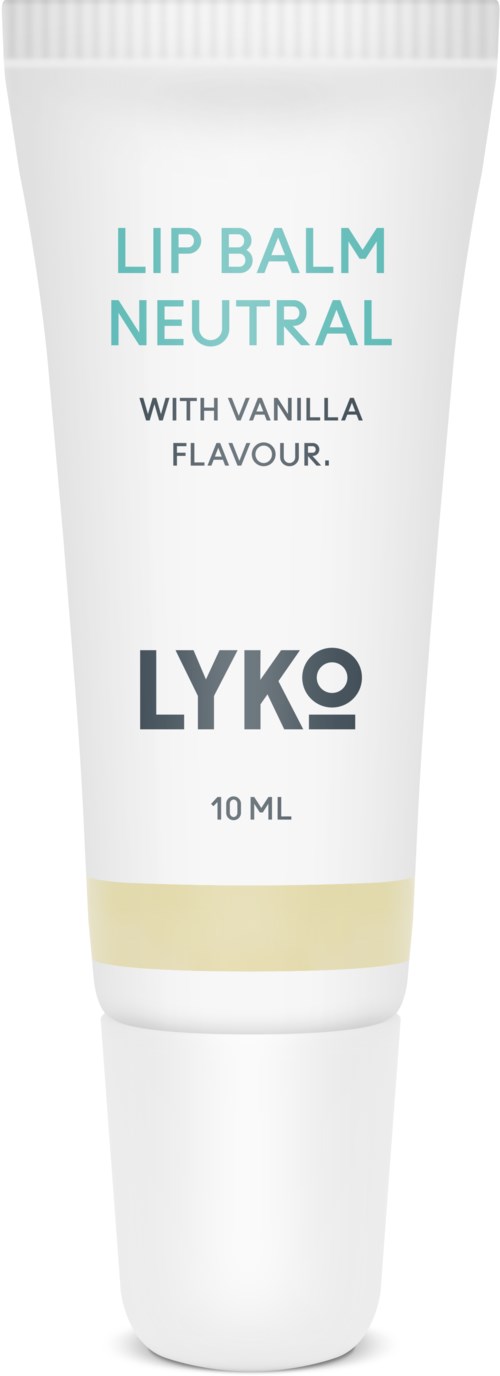 En vit tub av läppbalsam märkt 'Lip Balm Neutral med vaniljsmak, LYKO, 10 ML.'