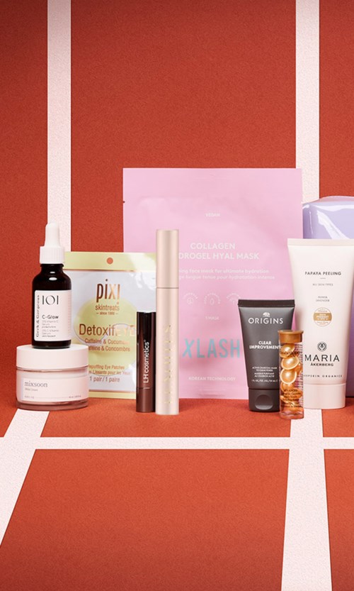 A collection of skincare and beauty products arranged on a red background with white lines. Includes bottles, jars, and tubes.