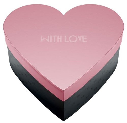 Ett hjärtformad box med rosa topp och mörk sida, med texten "WITH LOVE" på ytan.