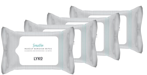Fyra paket makeupborttagningsdukar, ljusgrå förpackning, med vit etikett som visar varumärke och produktuppgifter.