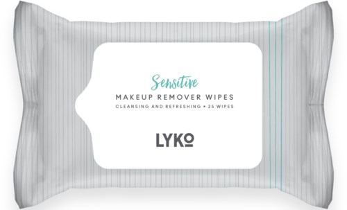 Mjuk förpackning med makeupborttagningsdukar för känslig hud, med 25 våtservetter. Enkel och ren design.