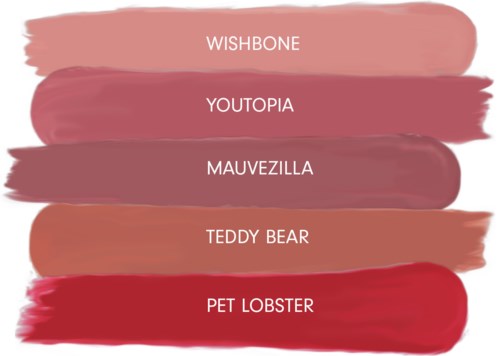 Fem färgsträckor med namn: Wishbone, Youtopia, Mauvezilla, Teddy Bear, Pet Lobster.