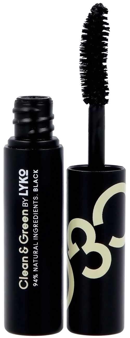 En svart mascaratub med öppen borste som visar, märkt 'Cliren & GreenLux, naturliga ingredienser, svart.'