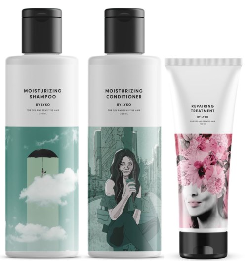 Three hair care products: shampoo, conditioner, and repair treatment, with illustrations of clouds, a girl, and flowers.