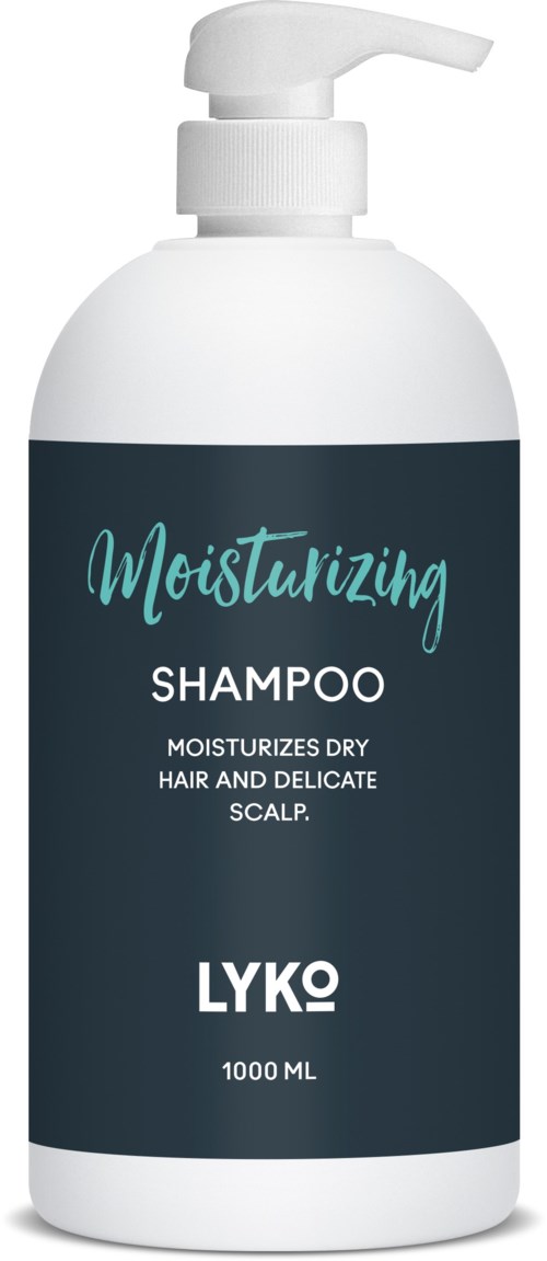 En vit schampoflaska med pump, märkt "Moisturizing Shampoo" för torrt hår och hårbotten. Varumärke: LYKO, 1000 ml.