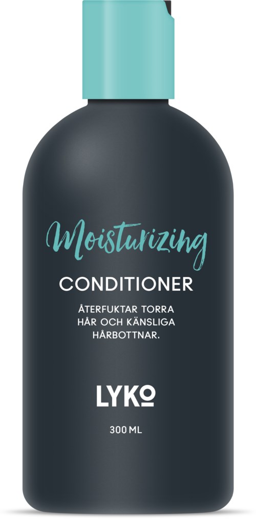 En mörk flaska med fuktighetsgivande balsam, ljusblå lock och etikett, innehållande 300 ml produkt.
