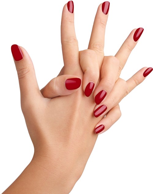 A hand with red painted nails, fingers positioned in a playful gesture.