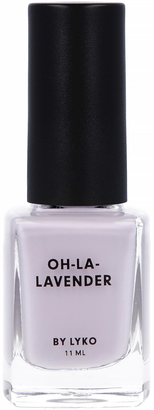 Butelka lakieru do paznokci o zapachu lawendy, z czarnym caps i przezroczystym szkłem, oznakowana 'OH-LA-LAVENDER BY LYKO'.