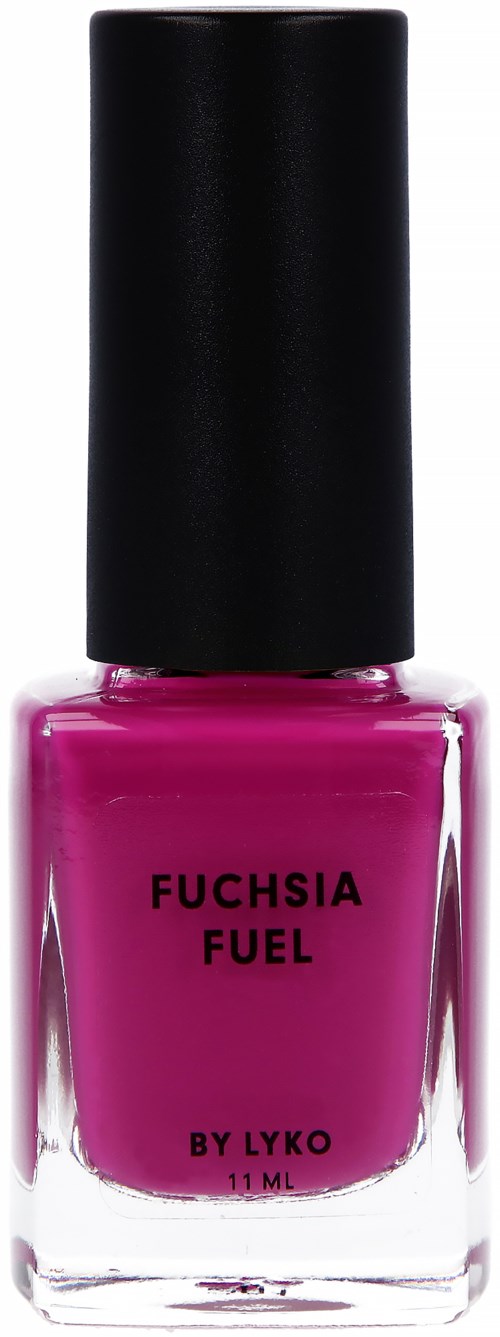 Fuchsiainoll i en glasflaska med svart kork, märkt "Fuchsia Fuel by Lyko".