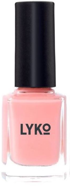 En rosa nagellackflaska med svart lock och märket 'LYKO' på.