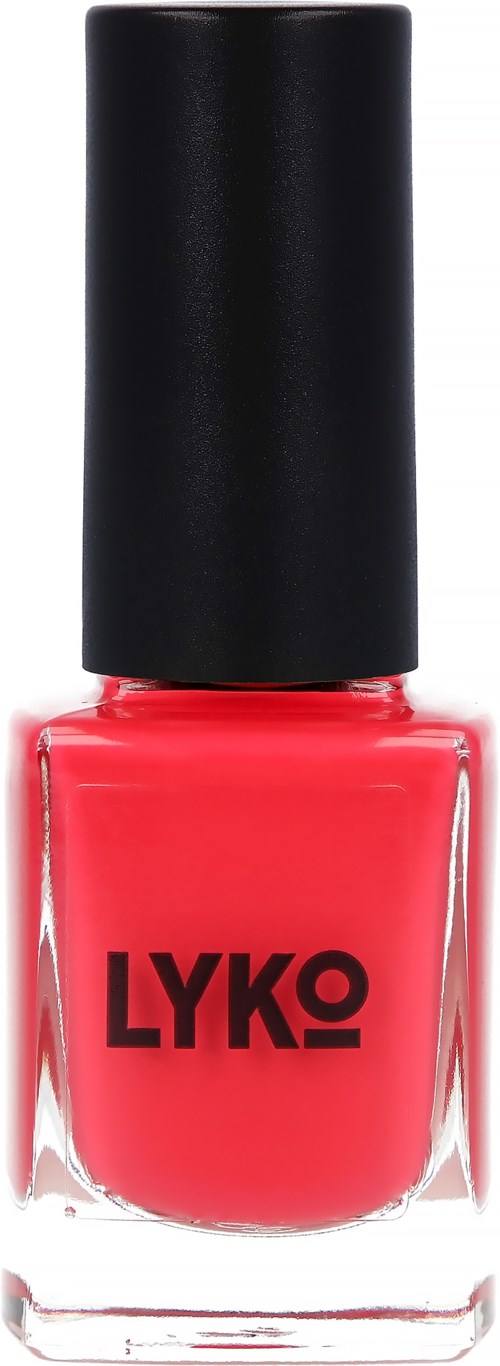 Eine Flasche hellrosa Nagellack mit schwarzem Deckel und den Markenname LYKO.