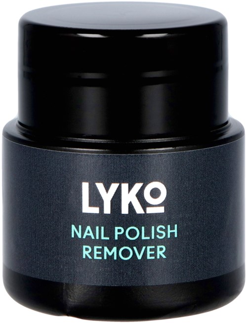 Liten svart burk med etiketten 'LYKO Nail Polish Remover' och svart lock.
