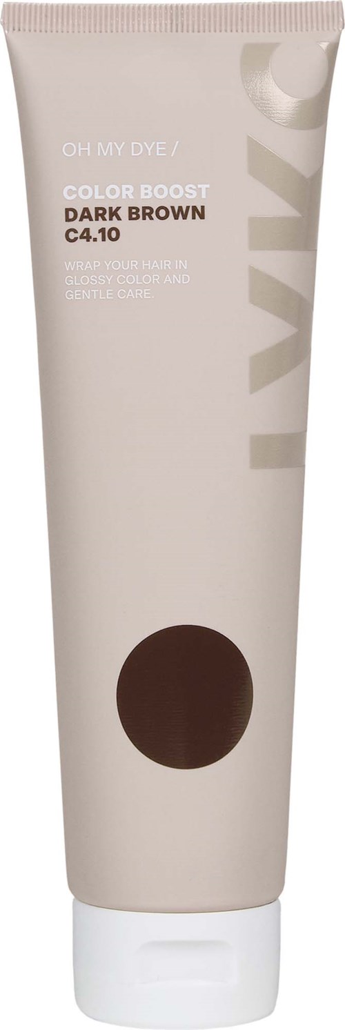 Brun hårfärgtube med beige och brunsam text, märkt L'Oréal. Liten mörkbrun cirkel längst ner.