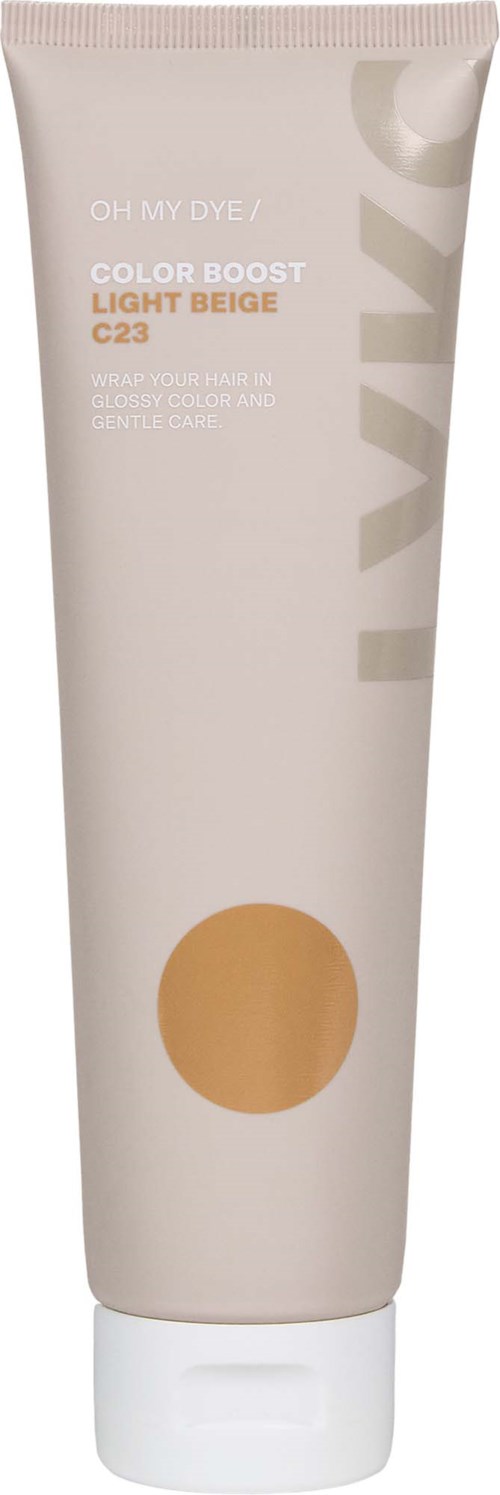 Tuba farby do włosów w jasnym beżowym kolorze, oznaczona 'Color Boost Light Beige C23,' ma kremową konsystencję.