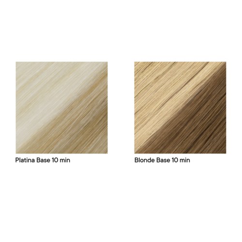 Dwa próbki koloru drewna, jedna oznaczona "Platina Base 10 min" i druga "Blonde Base 10 min."
