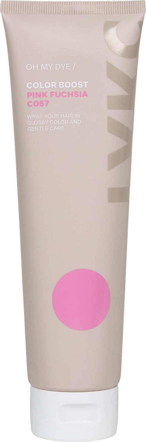 Ett beige rör med rosa och vit text för hårfärg, med en rosa cirkel och en vit lock.