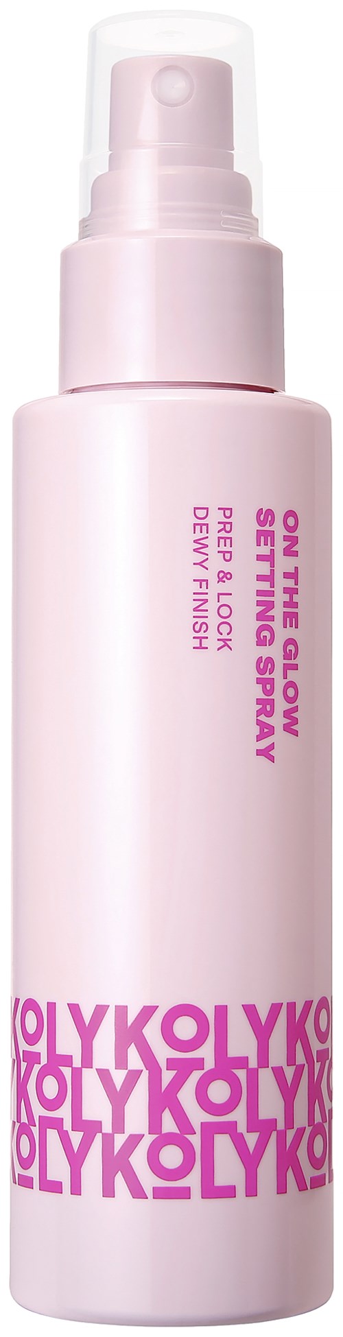 Een roze sprayfles met 'OllyKOLY' label, pomp en tekst over glow red en finish.